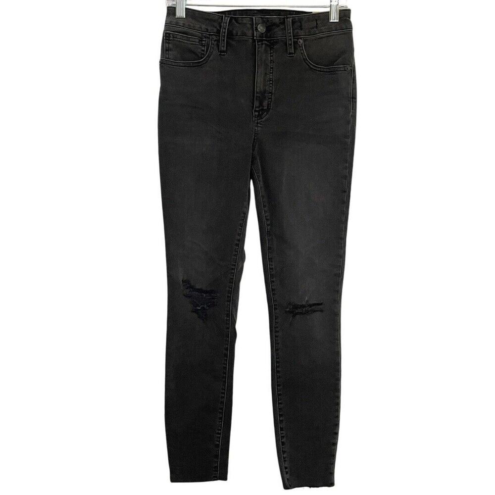 Madewell CURVY HIGH RISE SKINNY Jeans Women’s 27 Black Distress Knee Raw Hem NEW